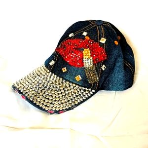 Rhinestone Lipstick Distressed Cotton Hat